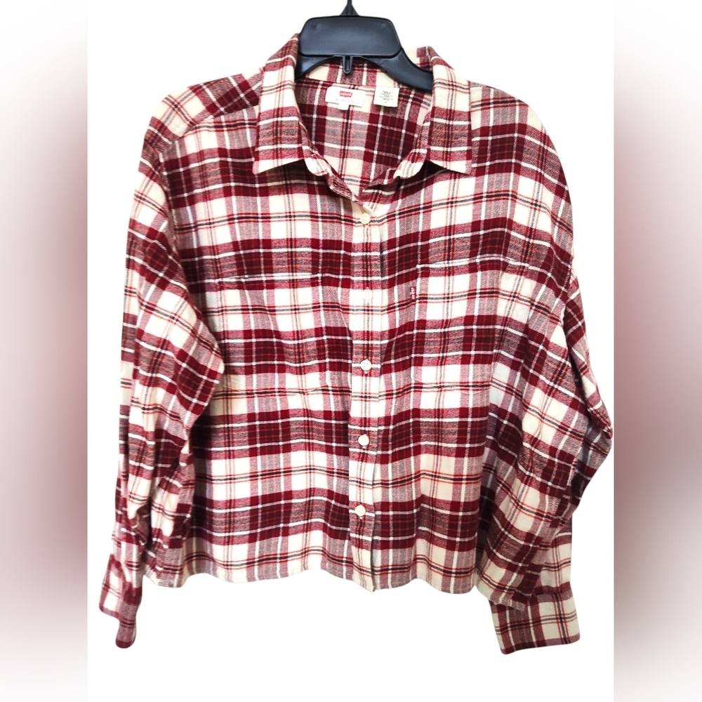 Levis Red and White Plaid Button-Up Shirt, Large